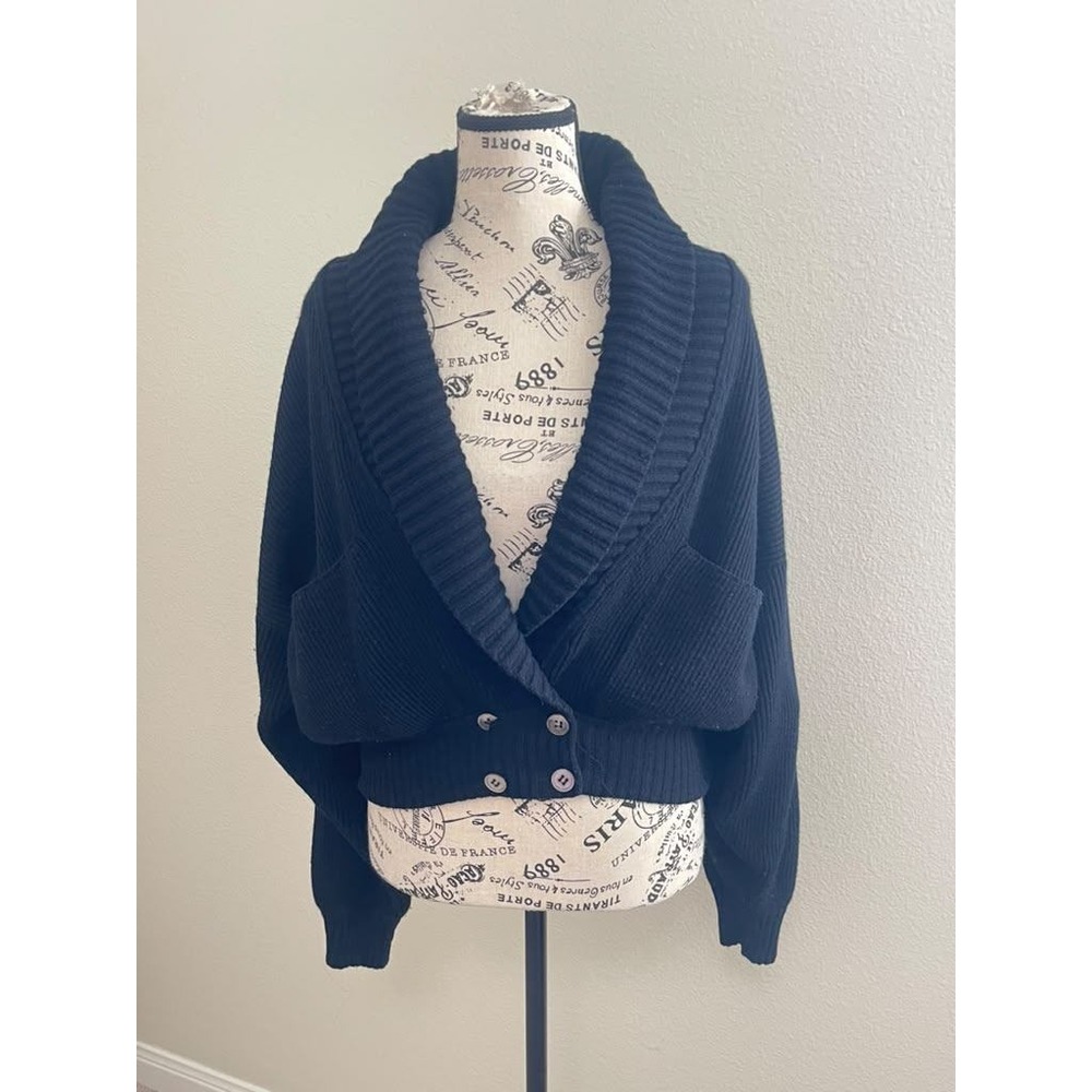Liz Claiborne Vintage Lambswool Ribbed Shawl Collar Cardigan Black Size M